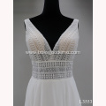 Sexy Backless Sweep Train V Neck Lace applique Sleeveless Wedding Dress Ball Gown